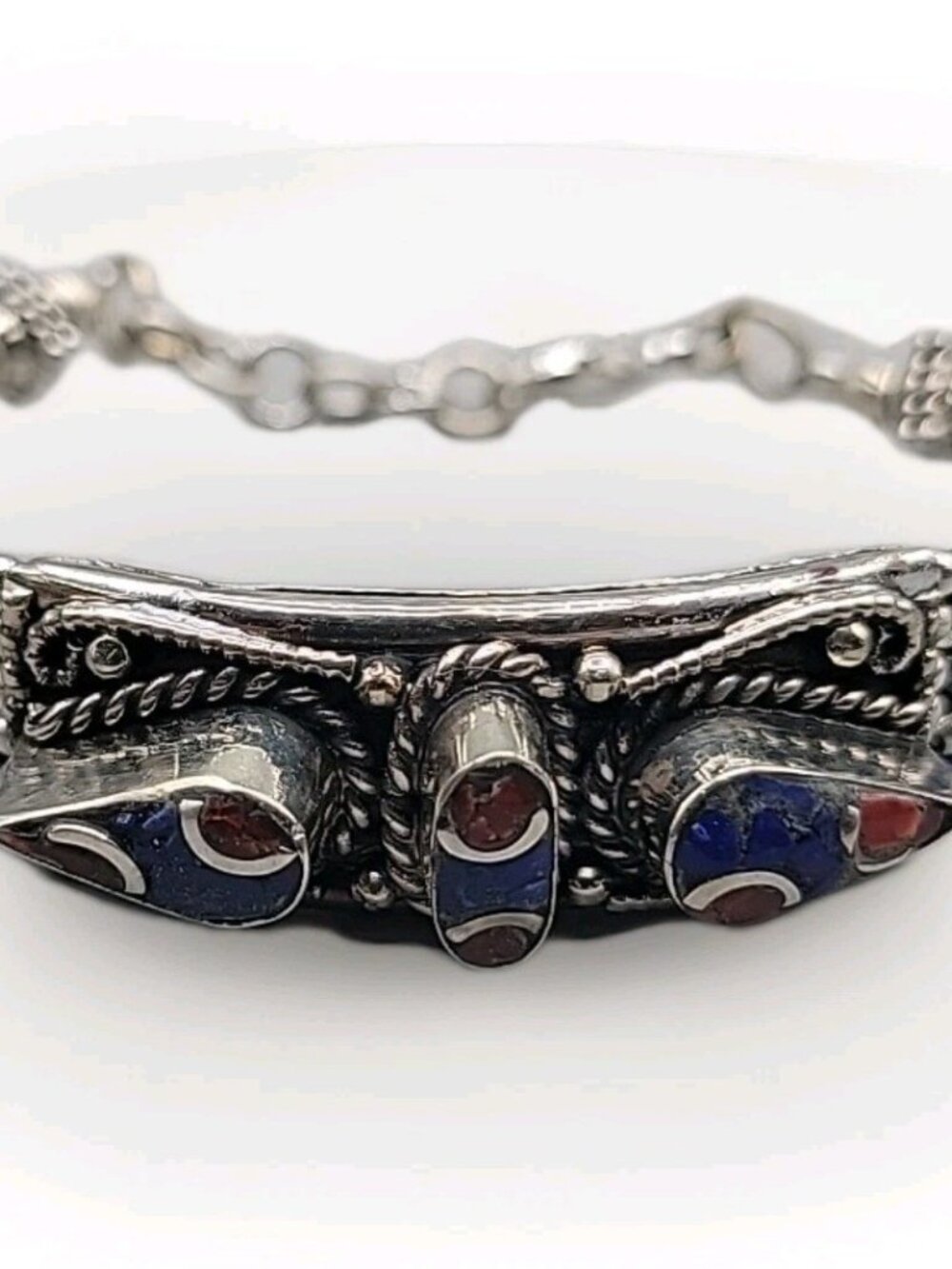Vintage Tibetan Nepalese Silver Inlay Bracelet Lapis Coral 7.5” Ethnic Boho - Picture 2 of 16